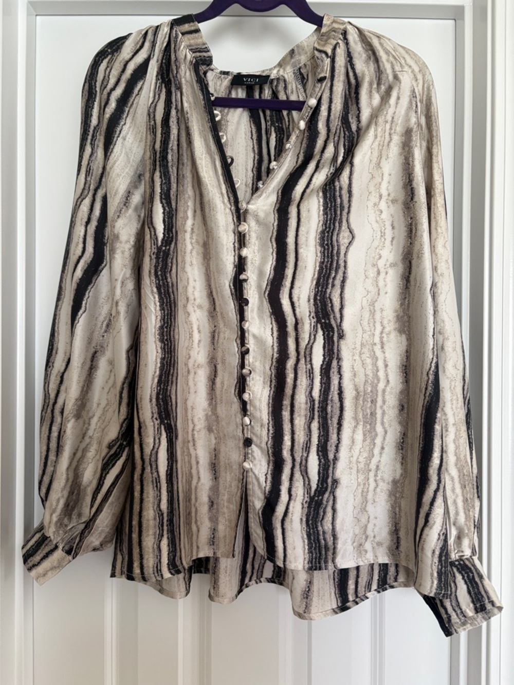 Vici Marble-Stripe Button Front Blouse in Beige and Black